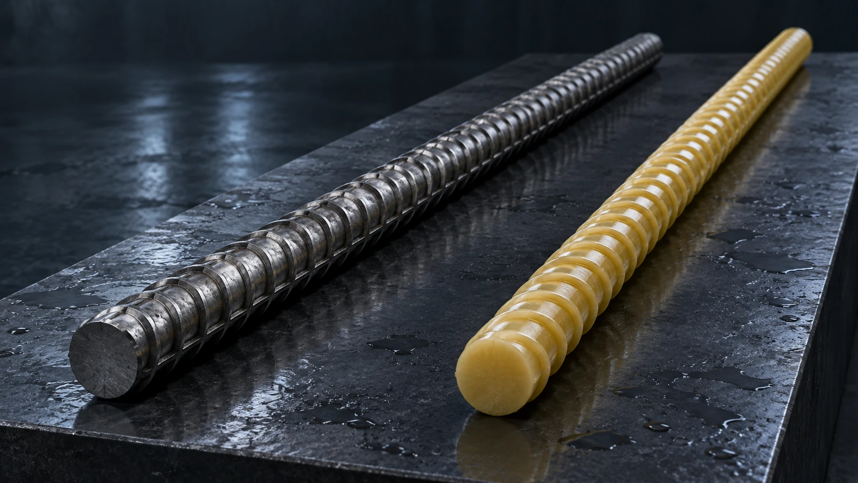 Clean steel reinforcement beside intact amber-gold GFRP rebar