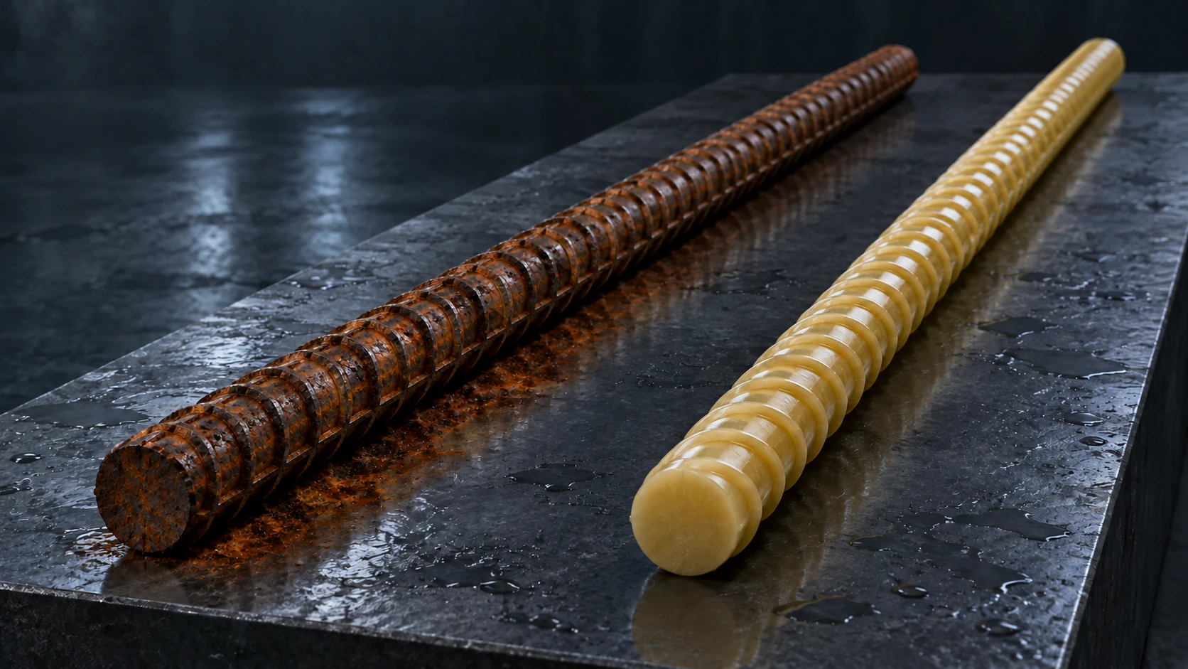Corroded steel reinforcement beside unchanged intact amber-gold GFRP rebar